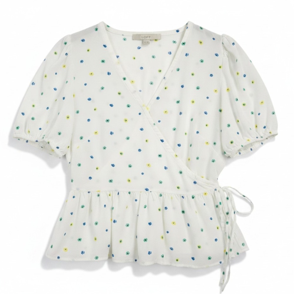 Ann Taylor LOFT Shirt Womens S White Floral Wrap Tie Front V Neck Peplum Blouse